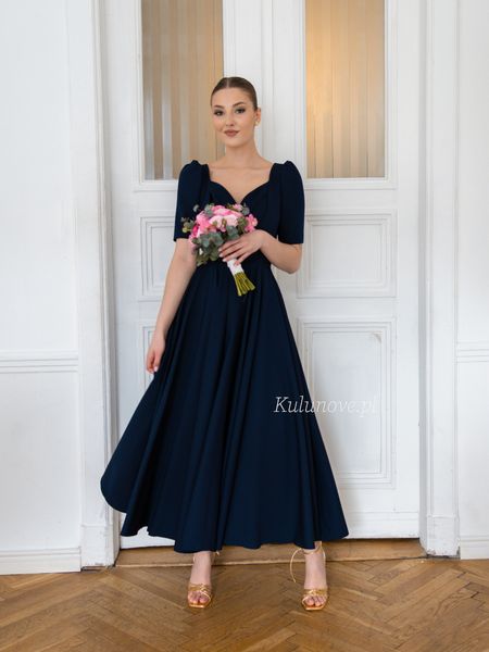 Tina midi - classic wedding navy blue dress with envelope neckline and flared bottom