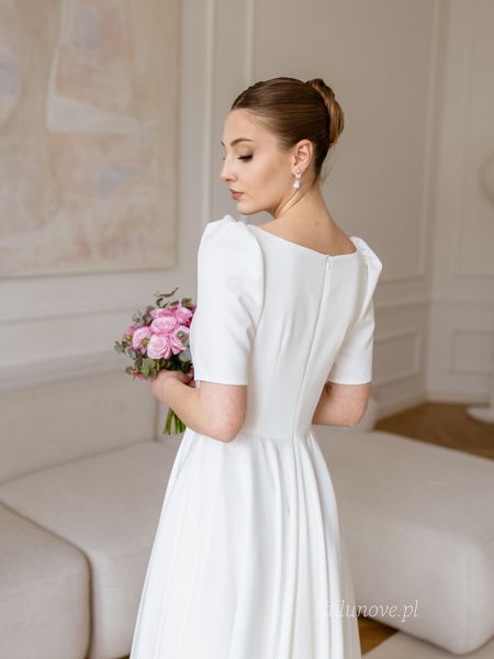 Tina midi - elegant wedding dress in ecru color with envelope neckline