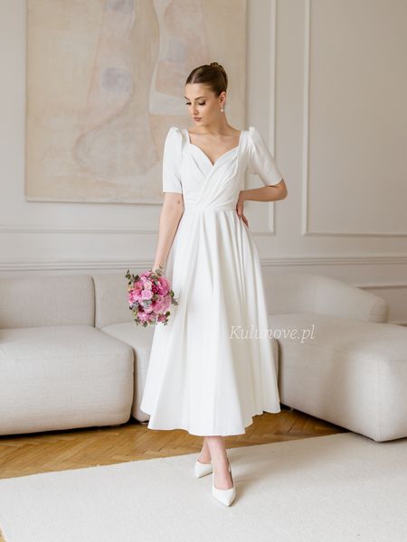 Tina midi - elegant wedding dress in ecru color with envelope neckline