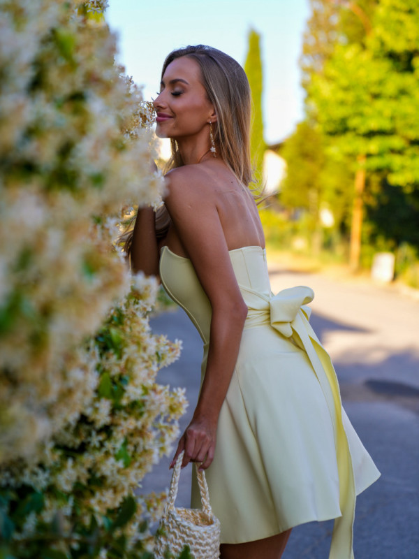 Venice - flared buttercream mini length dress with decorative bow