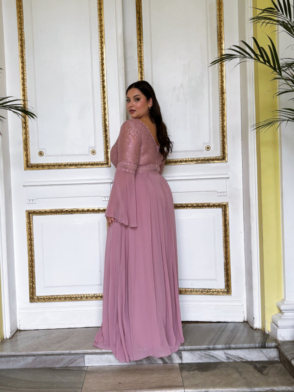 Vespera - pink maxi dress with lace top and flared sleeves
