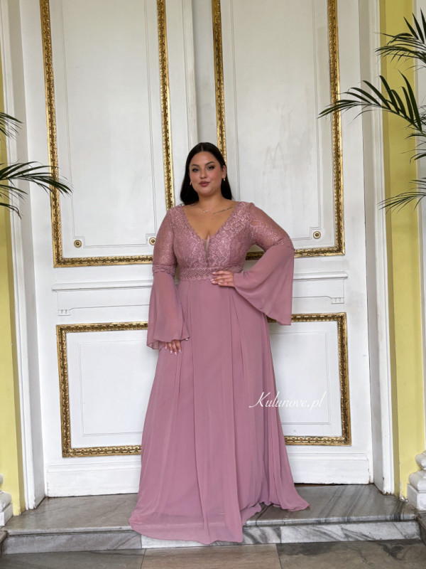 Vespera - pink maxi dress with lace top and flared sleeves