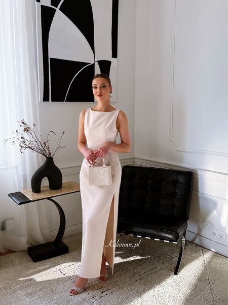 Virginia - elegant beige straight dress without neckline in smooth maxi length fabric