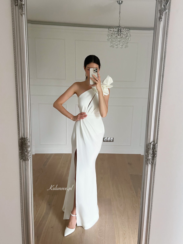 Whitney mermaid - ecru maxi dress with decorative cutout on one shoulder bodice with frill trim