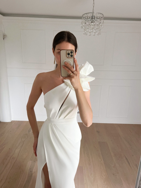 Whitney mermaid - ecru maxi dress with decorative cutout on one shoulder bodice with frill trim