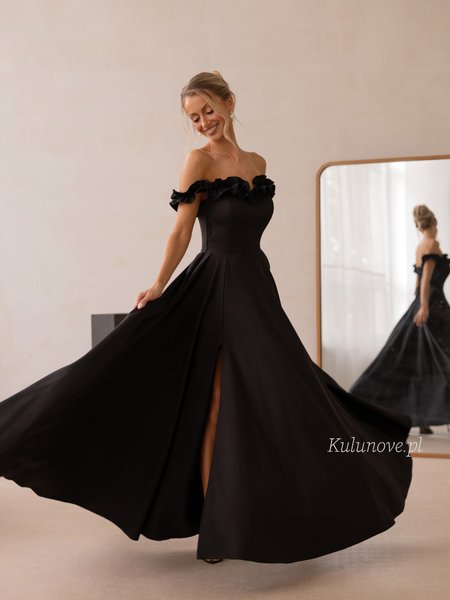 Wisteria - an evening maxi dress in black with a corset top and a flared skirt
