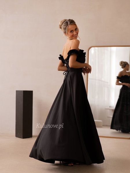 Wisteria - an evening maxi dress in black with a corset top and a flared skirt
