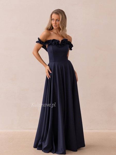 Wisteria - an elegant navy blue maxi dress with appliqué and drop sleeves