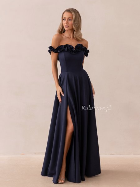 Wisteria - an elegant navy blue maxi dress with appliqué and drop sleeves