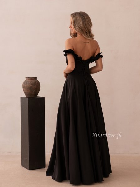 Wisteria Premium - An elegant black maxi evening dress with off-the-shoulder sleeves and a full skirt