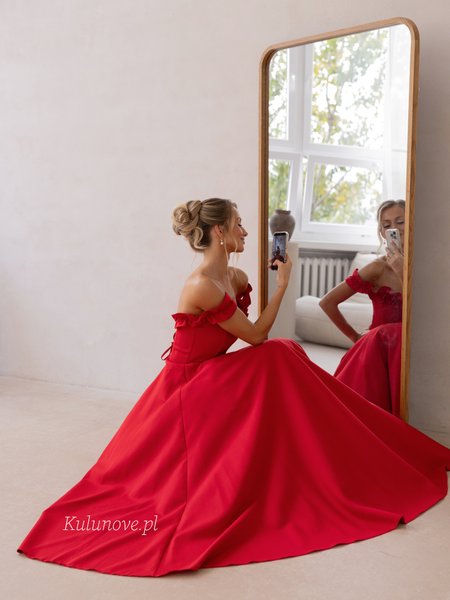 Wisteria Premium - Red Maxi Ball Gown with a Petticoat and Ruffles