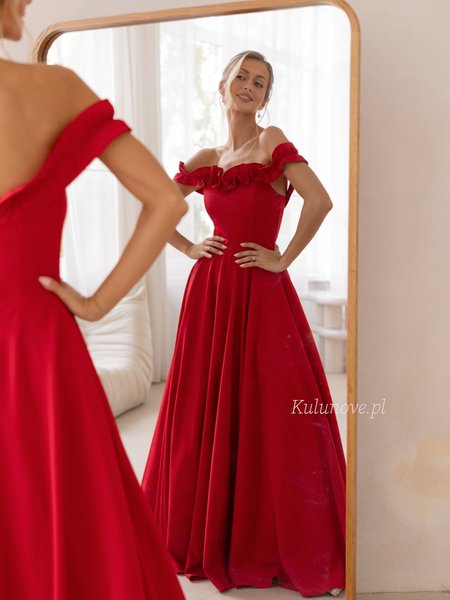 Wisteria Premium - Red Maxi Ball Gown with a Petticoat and Ruffles