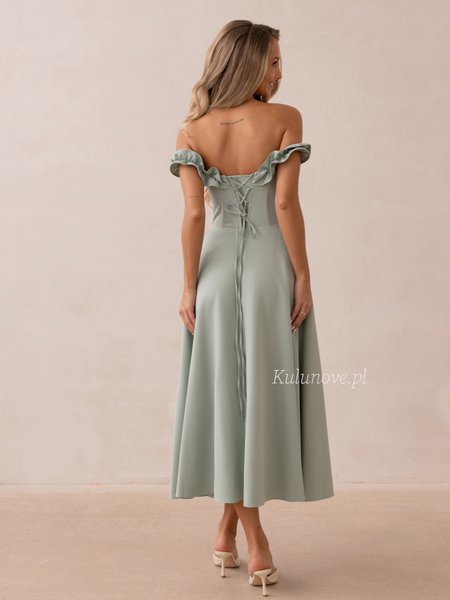 Wisteria - sage green midi dress with decorative appliqué and a flared skirt