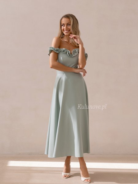 Wisteria - sage green midi dress with decorative appliqué and a flared skirt