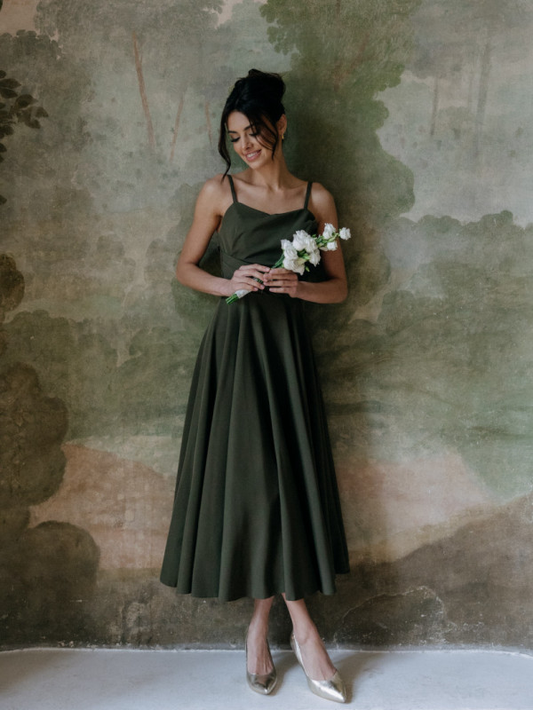 Odetta - khaki dress with an elegant corset and a flared skirt