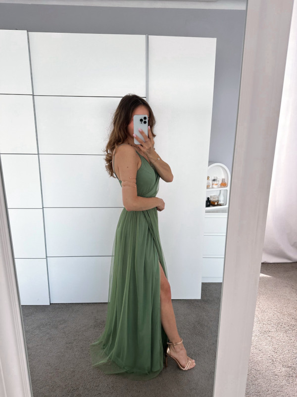 Zuri - sage colored tulle maxi dress with straps
