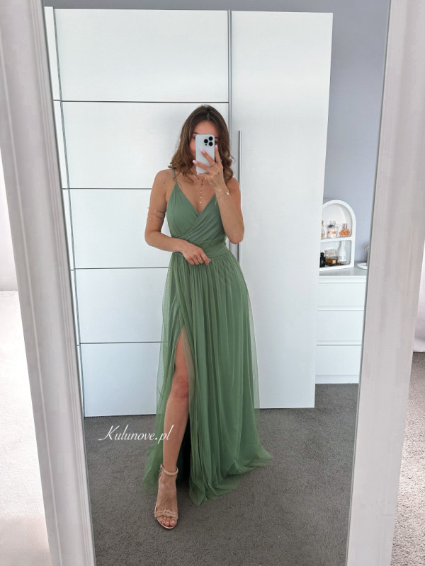 Zuri - sage colored tulle maxi dress with straps
