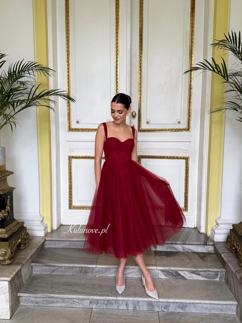 burgundy corset midi dress Burgundy Corset Midi Dress | Strapless Sweetheart Wedding Guest Gown | Formal Cocktail Party A-Line Dress with Pleated Skirt