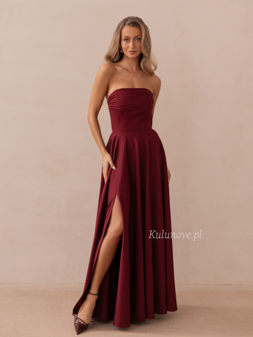 Tess - maroon elegant maxi evening dress with subtle crease