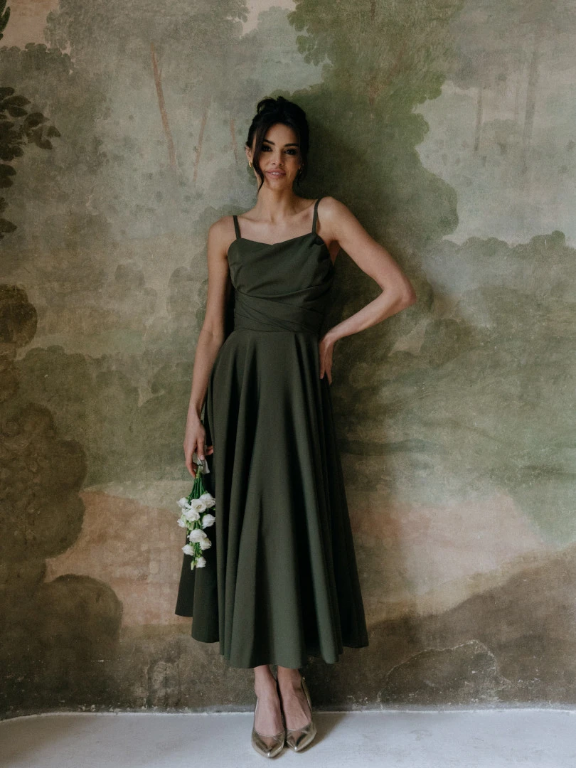 Odetta - khaki dress with an elegant corset and a flared skirt